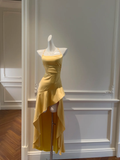 Pretty A Line Halter Yellow Satin High-Low Ruffle Hem Prom Dresses Formal Dress HZ1024