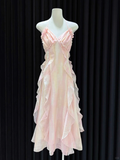 Unique A Line Halter Satin Ruffle Backless Long Prom Dresses Formal Dress HZ1024
