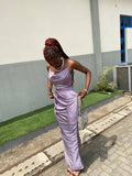 Pretty Mermaid Spaghetti Straps Lilac Pleated Satin Long Prom Dresses Formal Dress HZ1024