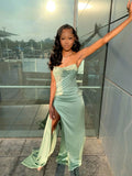 Classy Mermaid Strapless Pleated Satin Slit Long Prom Dresses Formal Dress HZ1024