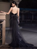 Sexy Mermaid Sequin Black Prom Dresses HZ1024