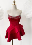 Pretty A Line Strapless Burgundy Layer Satin Beaded Short Homecoming Dress 19th Birthday Outfits HZ1024