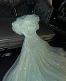 Shiny A Line Spaghetti Straps Tulle Sequin Long Prom Dresses Formal Dress HZ1024