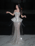 Luxurious Mermaid Strapless Tulle Sequin Tassel Long Prom Dress,Formal Dress HZ1024
