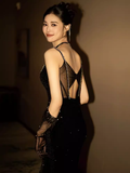 Sexy Mermaid Spaghetti Straps Black Prom Dresses HZ1024