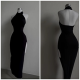 Vintage Sheath High Neckline Black Long Prom Dress HZ1024
