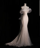 Fairytale Wedding Dress White Mermaid Off The Shoulder Short Sleeves Wedding Dresses HZ1024