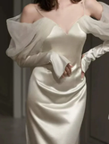Vintage Mermaid Straps Long Sleeves Satin Wedding Dresses HZ1024