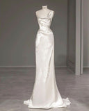 Vintage Mermaid Straps Sleeveless Long Print Flower Satin Wedding Dresses HZ1024