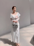 Vintage A Line Long Sleeves White Silk Satin Long Prom Dresses HZ1024