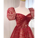 Sexy Princess Straps Short Sleeves Red Tulle Long Prom Dress HZ1024