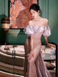 Sexy Mermaid Short Sleeves Satin Sequin Long Sequin Prom Dresses HZ1024