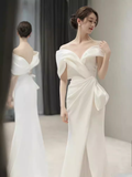 Fairytale Mermaid Off The Shoulder White Long Satin Wedding Dresses HZ1024