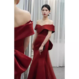 Sexy Mermaid Off The Shoulder Satin Burgundy Long Prom Dresses With Bowknot HZ1024