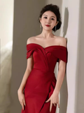 Sexy Mermaid Off The Shoulder Short Sleeves Satin Burgundy Prom Dresses HZ1024