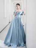 Modest A line Off The Shoulder Satin Light Sky Blue Prom Dress Long Evening Dress HZ1024