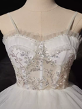 Sexy High Low Straps Sleeveless White Tulle Long Prom Dress HZ1024