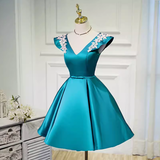 Modest A line V Neckline Blue Satin Birthday Outfits Homecoming Dress HZ1024