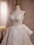 Fairytale High Low Spaghetti Straps Lace White Wedding Dresses HZ1024