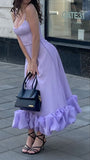 Vintage A line Spaghetti Straps Lilac Satin Evening Dress Ruffles Prom Dresses HZ1024