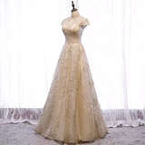 Sparkly A line High Neckline Sequin Gold Long Prom Dresses HZ1024