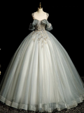 Vintage Ball Gown Tulle Sequin Lace Long Evening Dress Sweet 16 Dress HZ1024