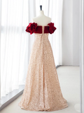 Champagne A-Line velvet Long Red Sequin Prom Dress HZ1024