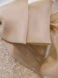 Sparkly A Line Off The Shoulder Champagne Sequin Long Prom Dress HZ1024
