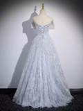 Sparkly A Line Off The Shoulder Silver Gray Feathers Long Prom Dress HZ1024