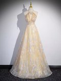 Sparkly A Line High Neckline Champagne Long Prom Dress HZ1024