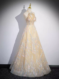 Sparkly A Line High Neckline Champagne Long Prom Dress HZ1024