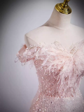 Sparkly A Line Off The Shoulder Pink Long Prom Dress HZ1024