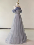 Simple A line Strapless Short Sleeves Tulle Long Prom Dress HZ1024