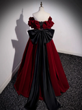 A-Line Off Shoulder Velvet Lace Burgundy Long Prom Dress HZ1024