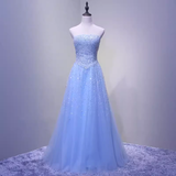 Elegant A line Strapless Sleelves Long Light Sky Blue Prom Dress HZ1024
