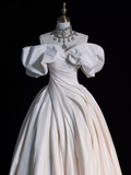 Vintage Ball Gown Strapless White Satin Long Wedding Dresses HZ1024