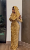 Sexy Mermaid Halter Red Sequin Long Prom Dress With Gloves HZ1024