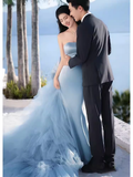 Sexy Mermaid Strapless Blue Satin Long Prom Dress HZ1024