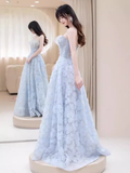 Sexy A line Strapless Blue Lace Long Prom Dress HZ1024