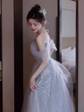 Simple A line Off The Shoulder Tulle Long Prom Dress HZ1024
