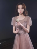 Simple A line Short Sleeves Pink Long Prom Dress HZ1024