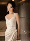 Sexy Mermaid Straps Sequin White Long Prom Dress HZ1024