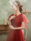 Vintage A line Short Sleeves Tulle Red Prom Dress HZ1024