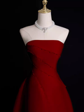 Sexy A Line Strapless Sleeveless Burgundy Long Prom Dress HZ1024