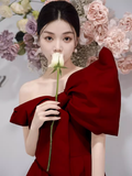 Modest A Line Strapless Red Satin Long Prom Dresses HZ1024