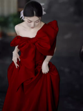 Modest A Line Strapless Red Satin Long Prom Dresses HZ1024