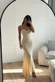 Vintage Mermaid Spaghetti Straps Ivory Lace Floor Length Prom Dresses Chiffon Evening Dress HZ1024