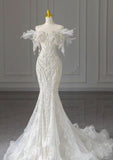 Mermaid Off The Shoulder White Lace Bridal Dress Wedding dress With Ruffles HZ1024